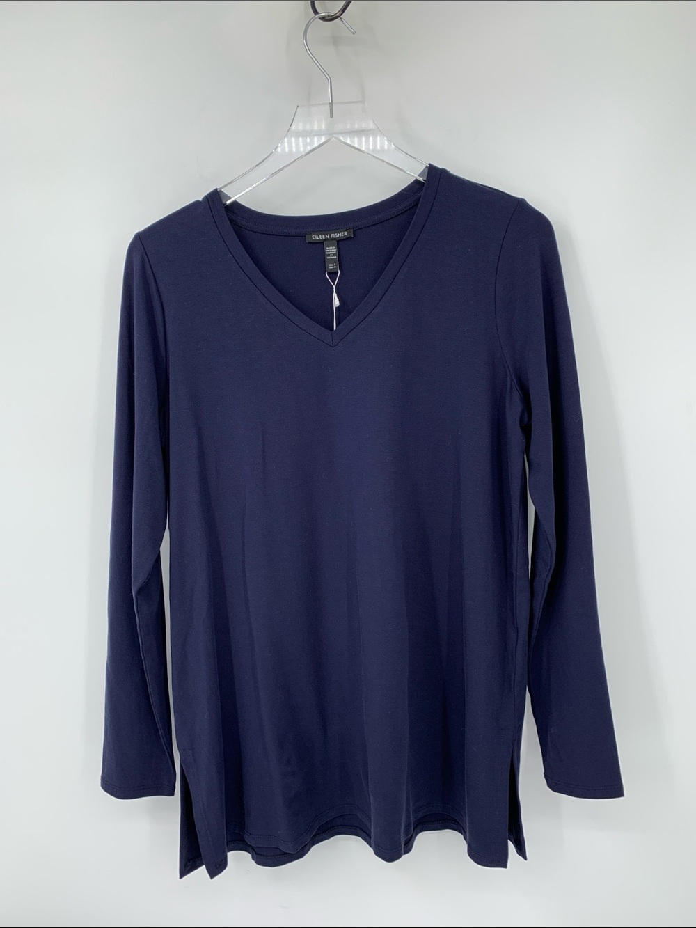 Eileen Fisher v-neck long sleeve knit jersey tunic top shirt ink blue new Small